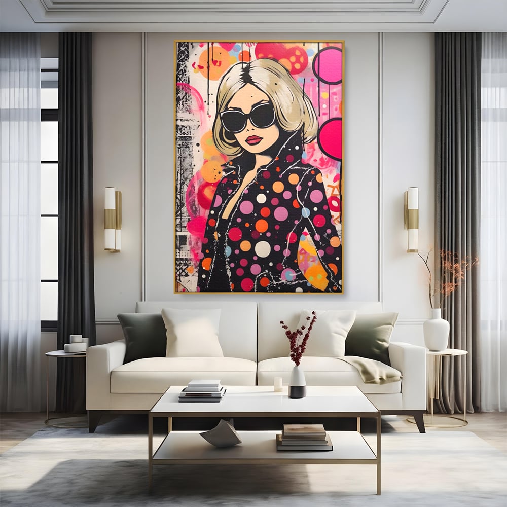 Tablou canvas cu tablou canvas cu portret pop art, in rama de aluminiu auriu, pe perete intr-un living